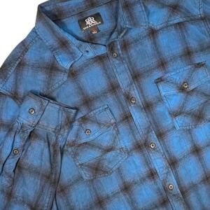 Rock & Republic Mens XL Blue Plaid Long Sleeve Button Down Shirt Western Grunge